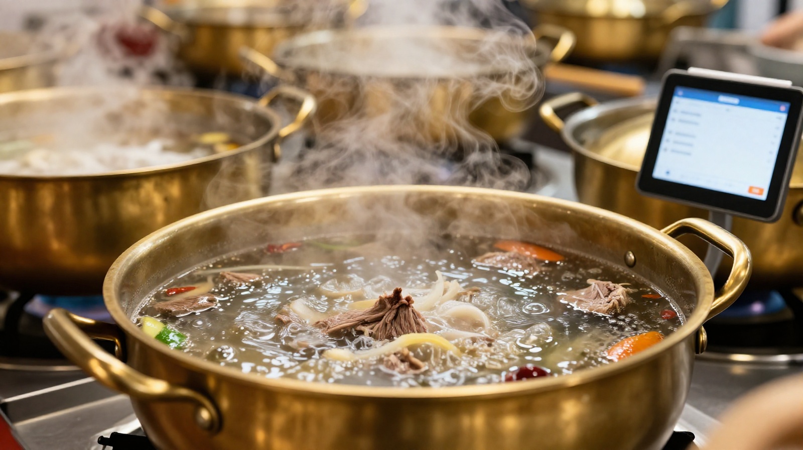 Simmering beef broth pots and digital inventory tablet in a Qinghai noodle shop