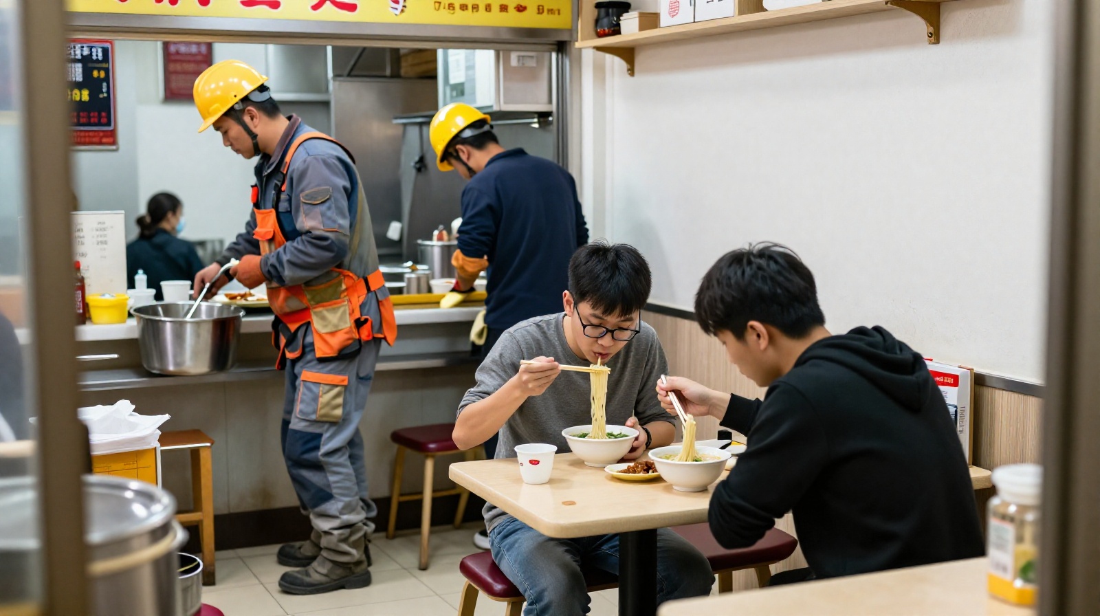 Customers enjoying breakfast noodles in Xining, Qinghai
