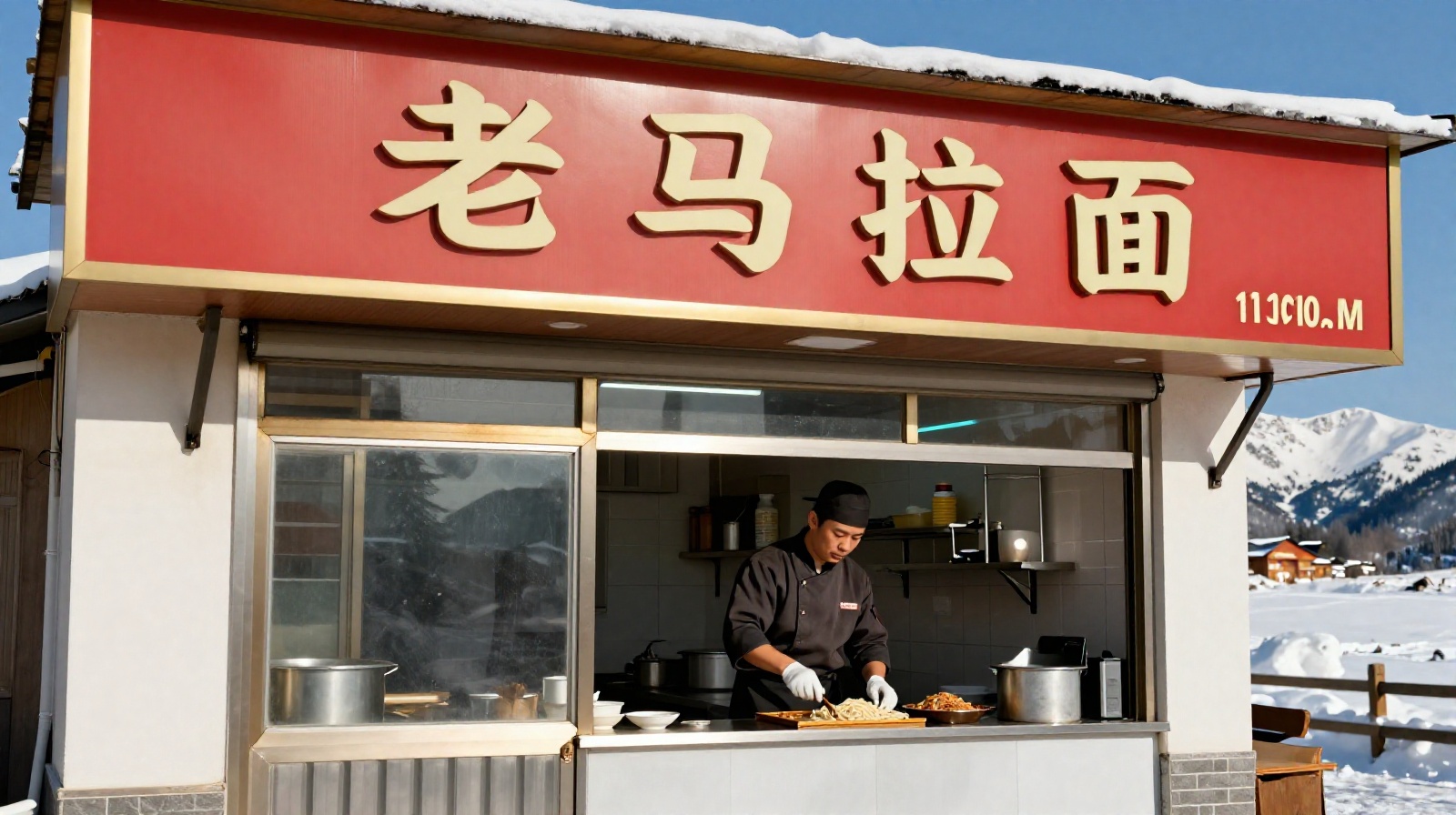 Noodle shop exterior with Qinghai mountains in the background during daylight