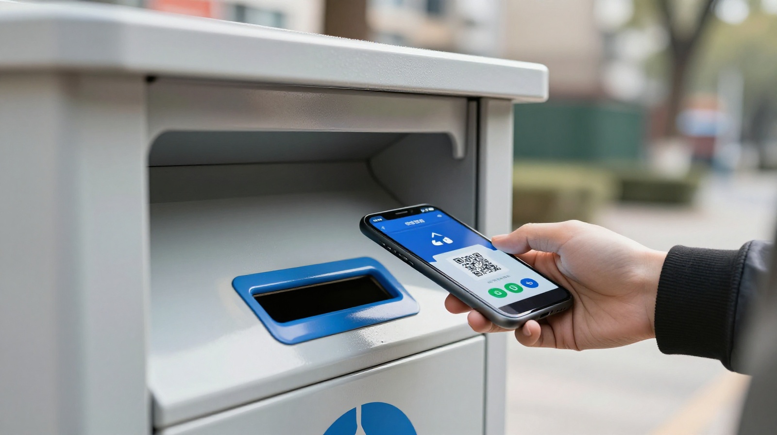 A resident in Beijing using a smartphone app to scan a QR code and activate a smart recycling bin at a community station