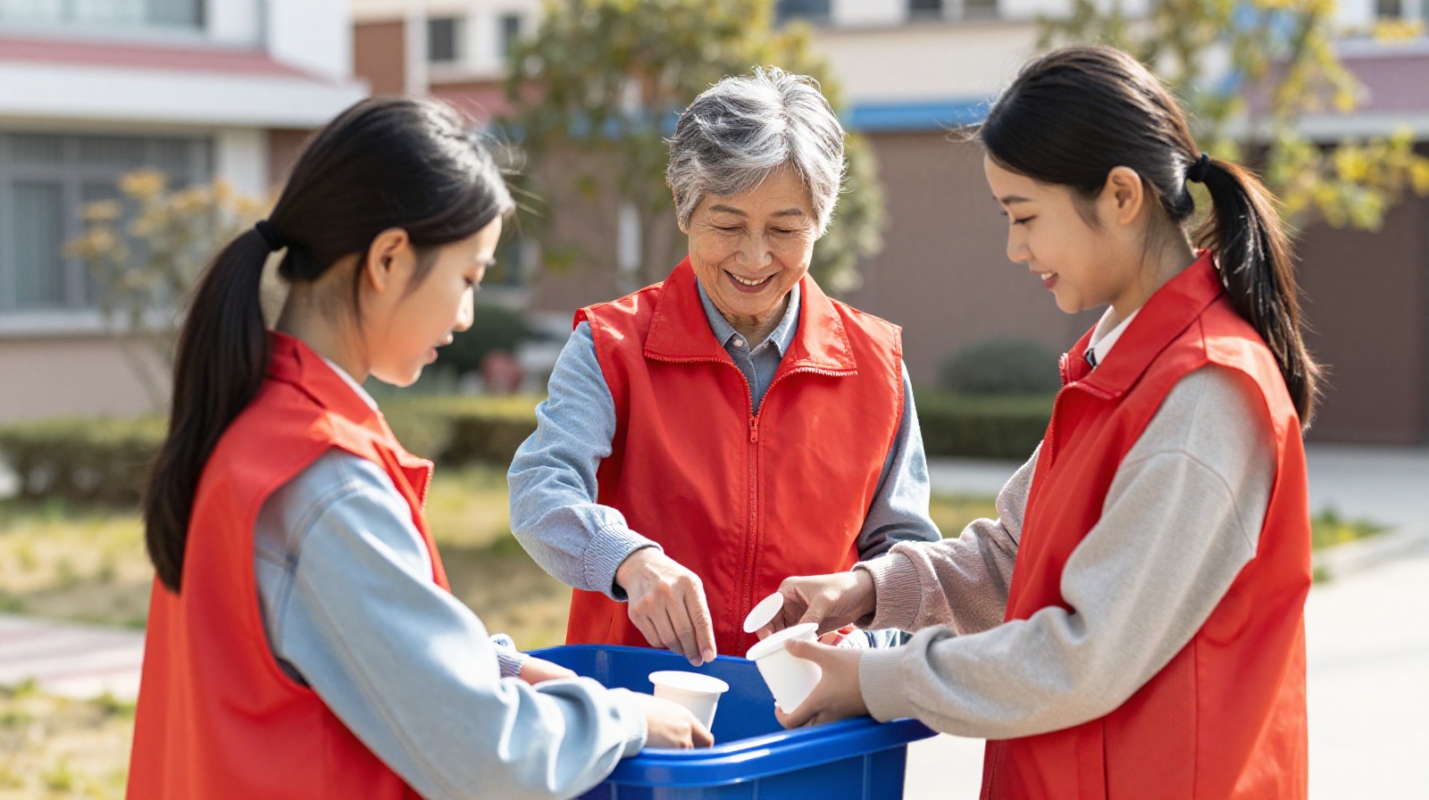 A volunteer community supervisor helping a resident correctly sort waste into the designated bins during morning hours
