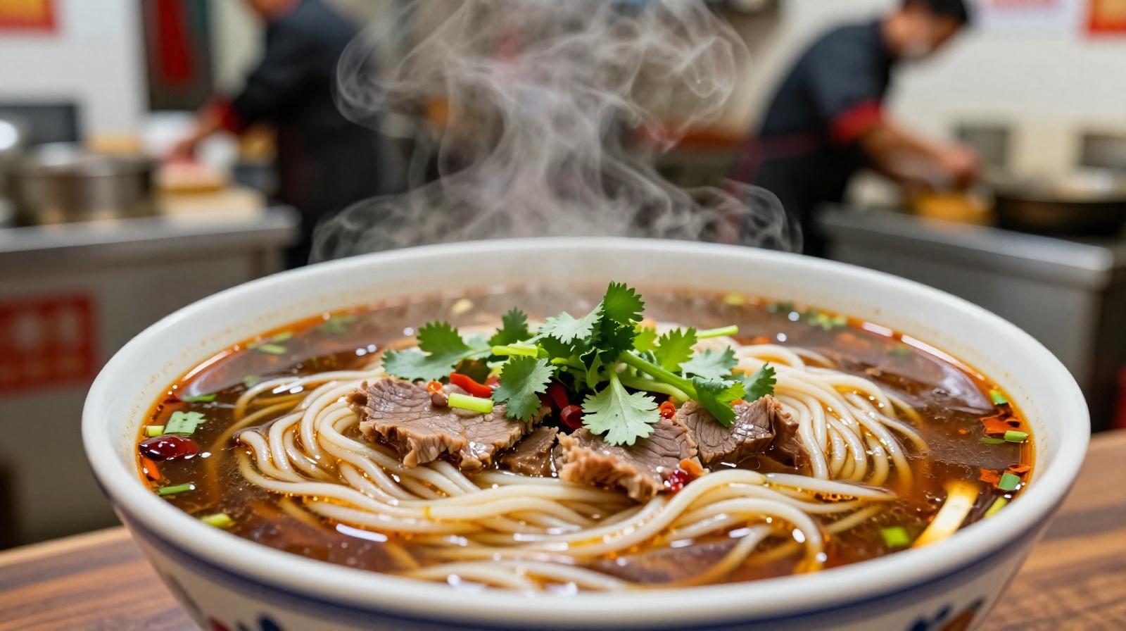 Close-up of steaming beef noodle soup in Xi'an Muslim Quarter with fresh cilantro and chili oil