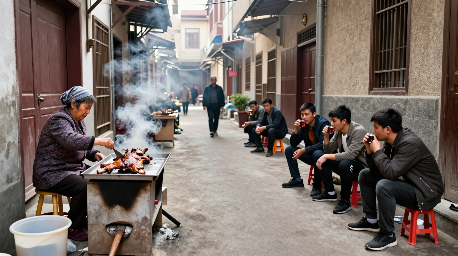 Local people eating lamb skewers and drinking tea in a narrow alley of Xi'an Muslim Quarter
