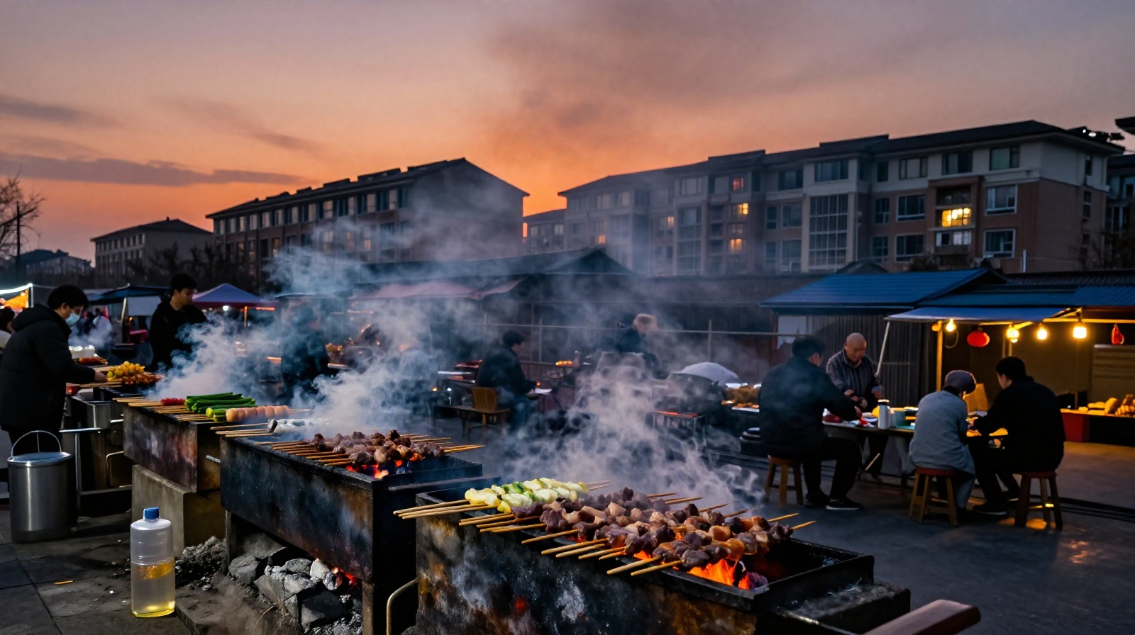 Street vendors grilling meat skewers at sunset in Xi'an old city alleys