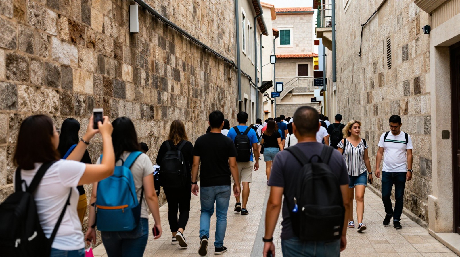 Tourists on the main street and locals walking in the narrow alleys of Xi'an Muslim Quarter