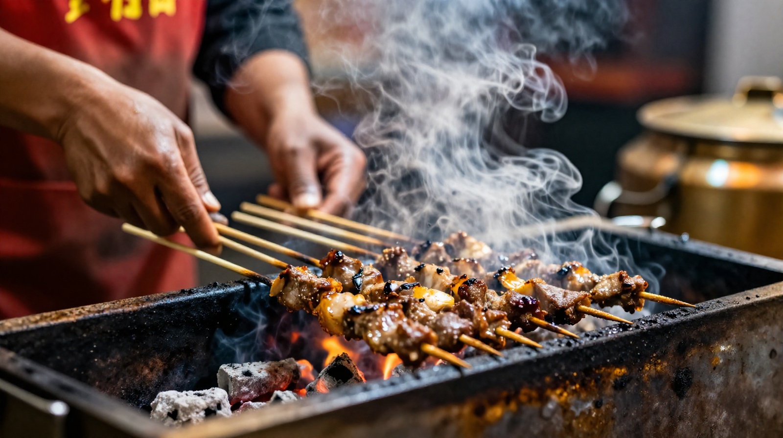 A street food vendor grilling lamb skewers over an open flame at a Xi'an night market