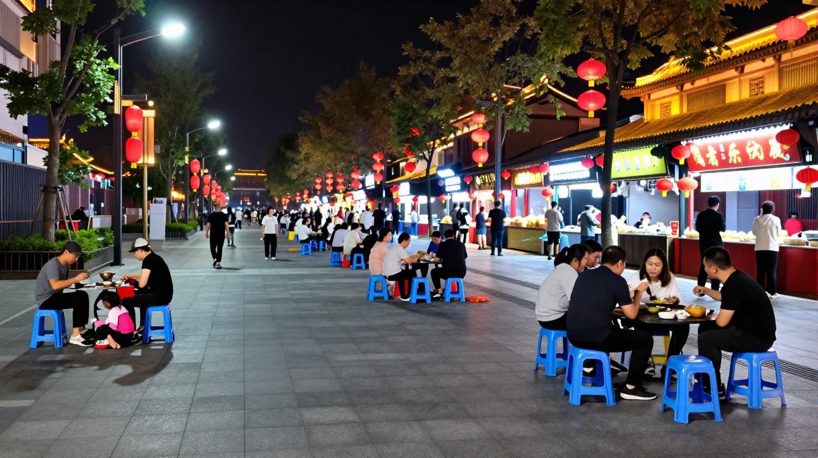 People dining and socializing in the organized public space of a Xi'an night market
