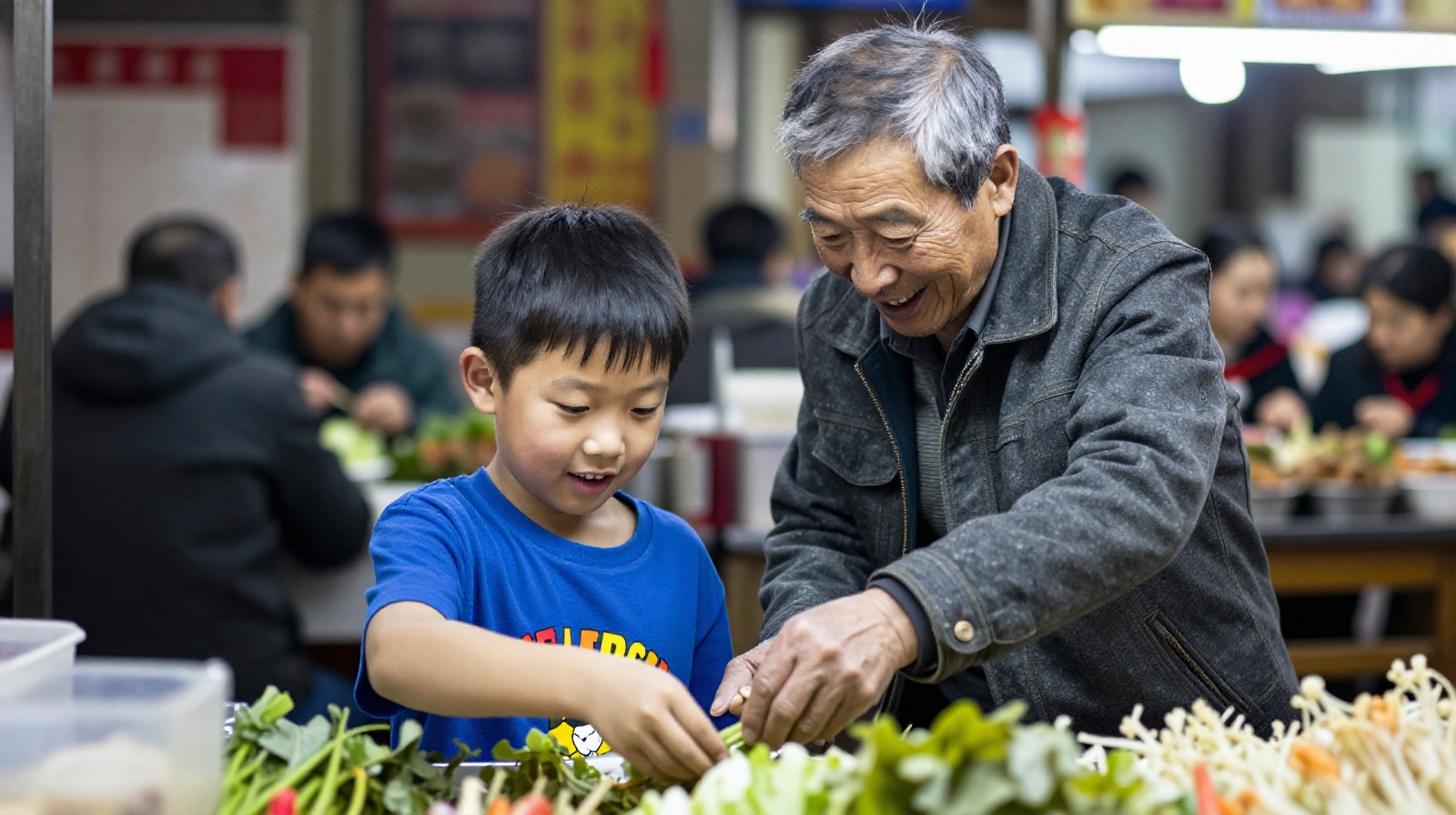 An older generation passing down food knowledge to a younger child in Xi'an