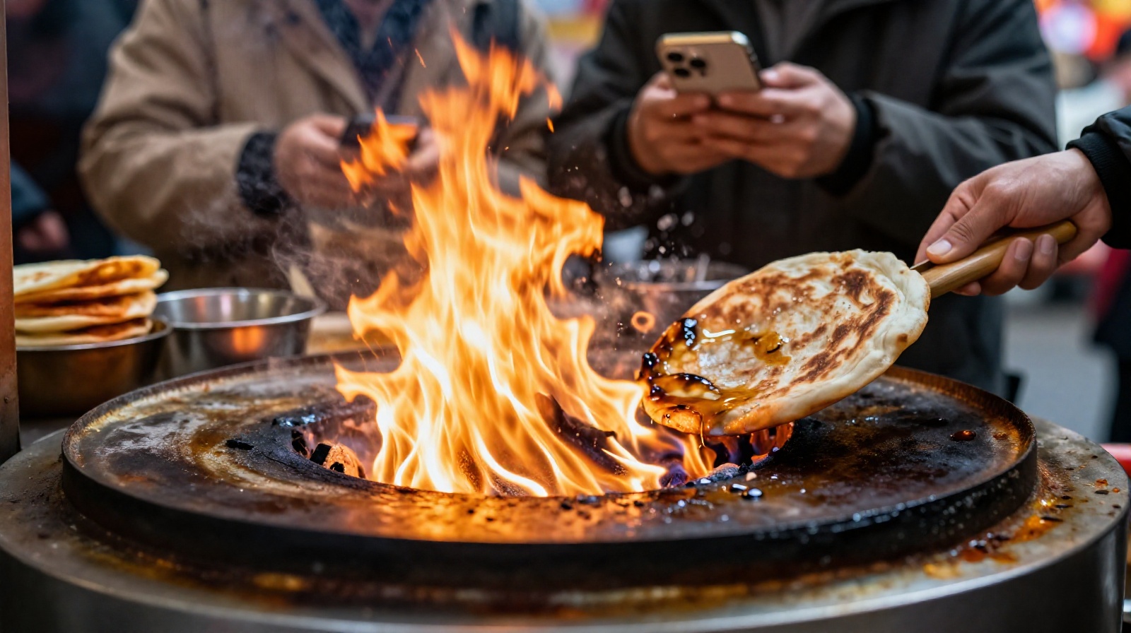 Street vendor in Xi'an grilling flatbread over fire while customers wait with smartphones