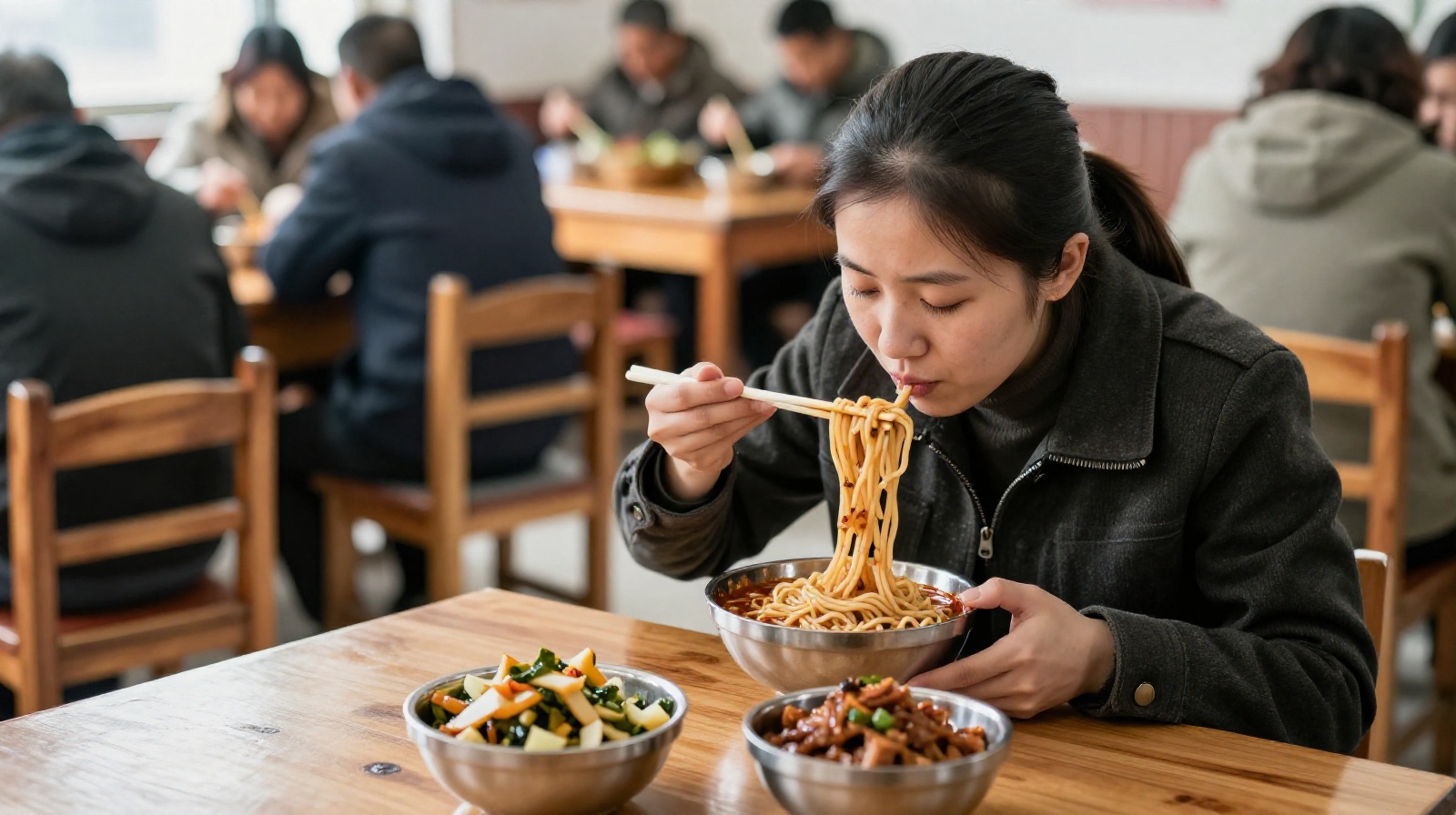 Young woman eating sour pickled vegetable noodles at a community canteen in Shaanxi