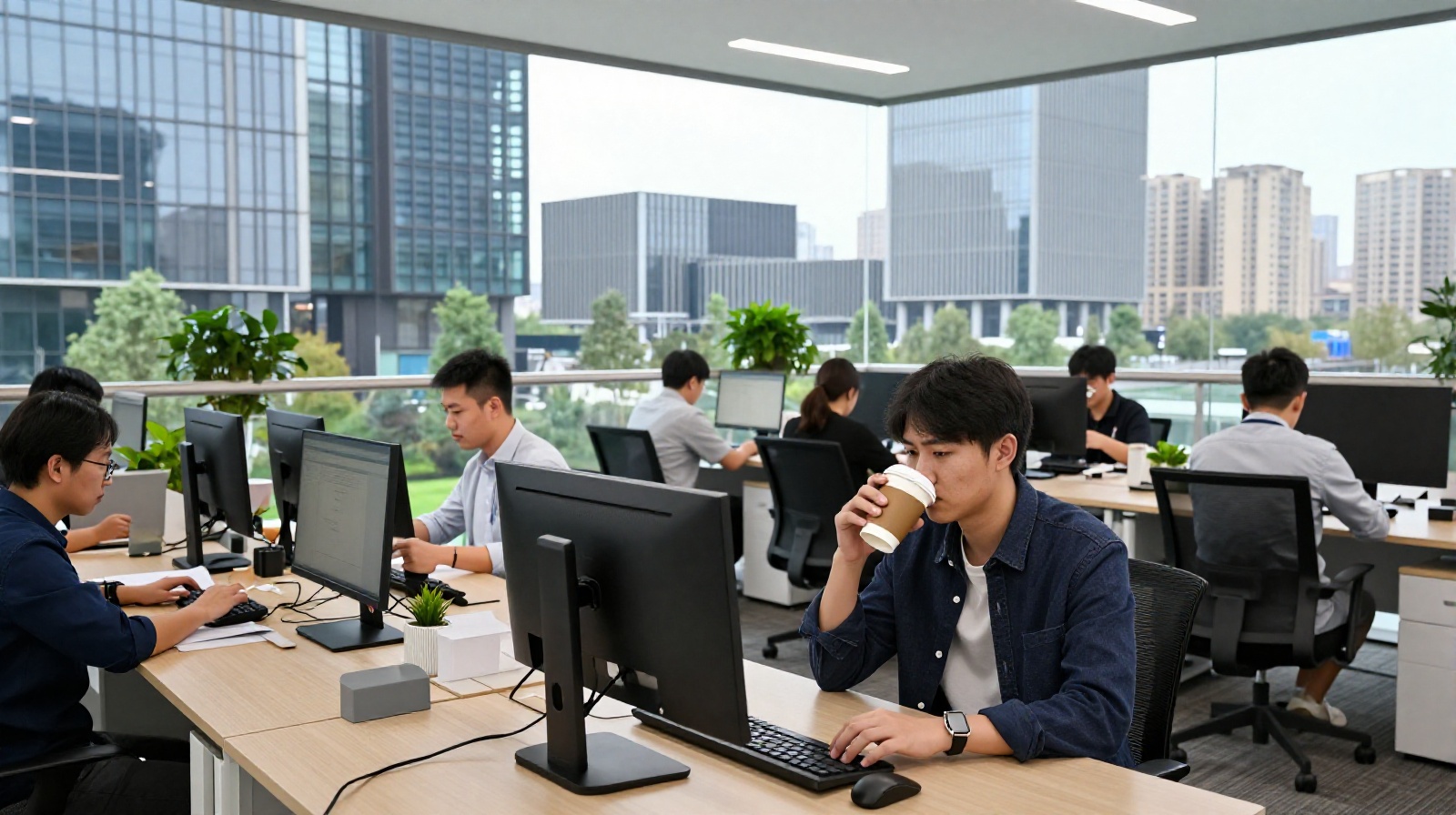 Tech worker drinking coffee in a modern office building in Xi'an