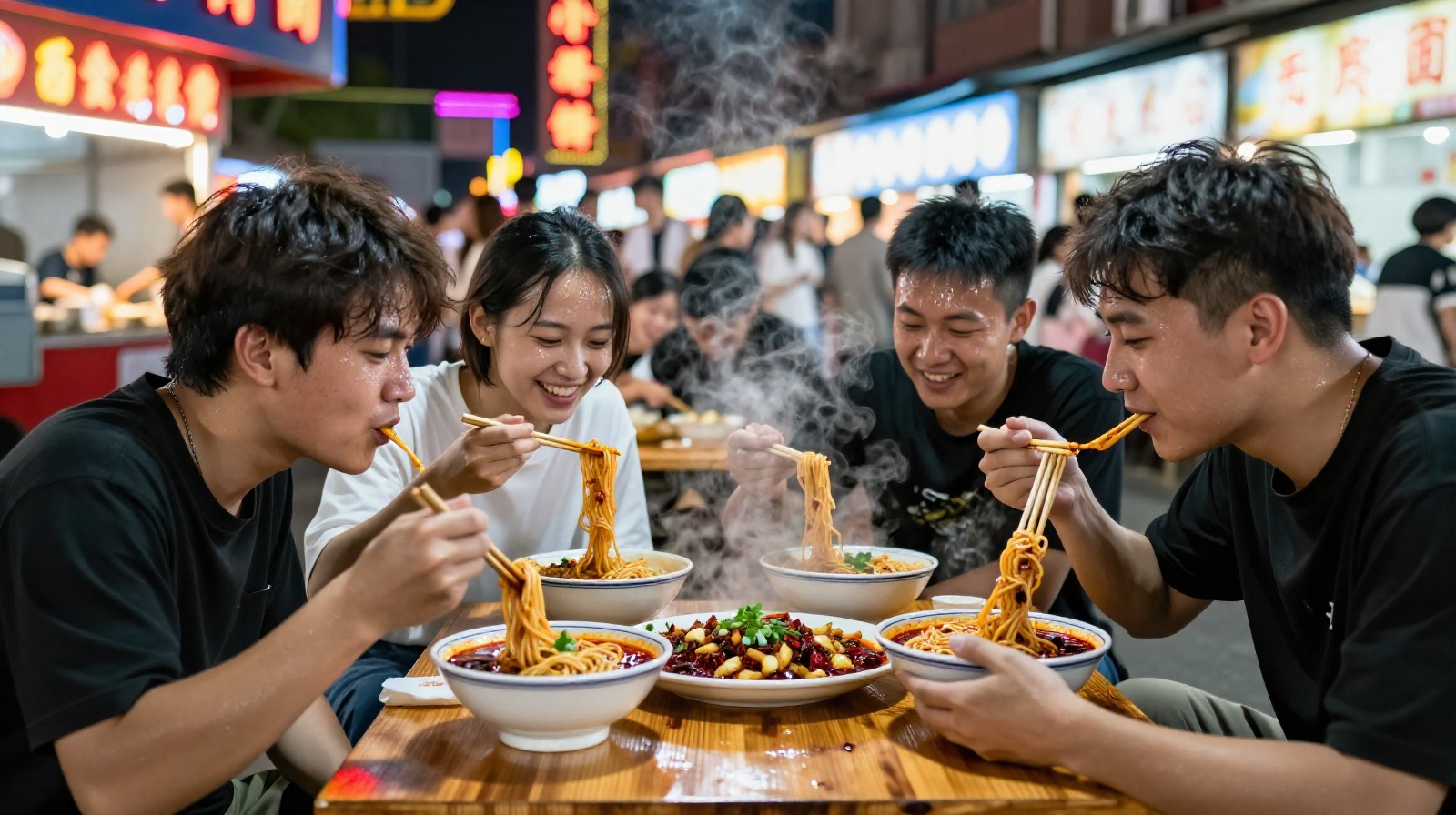 Friends enjoying spicy noodles and laughing together at a Xi'an night market