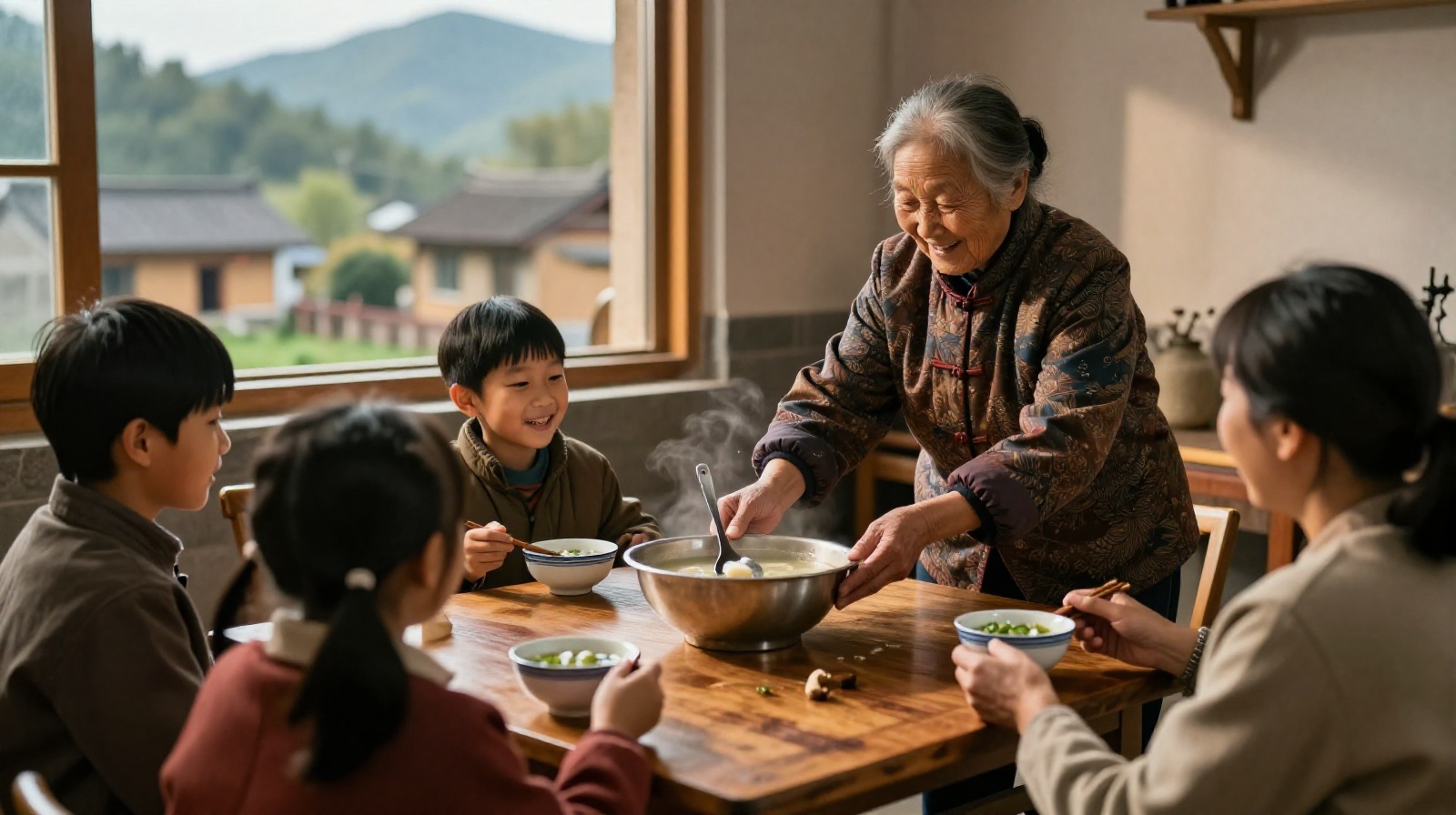Elderly woman serving salty soup to family in a Shaanxi rural home