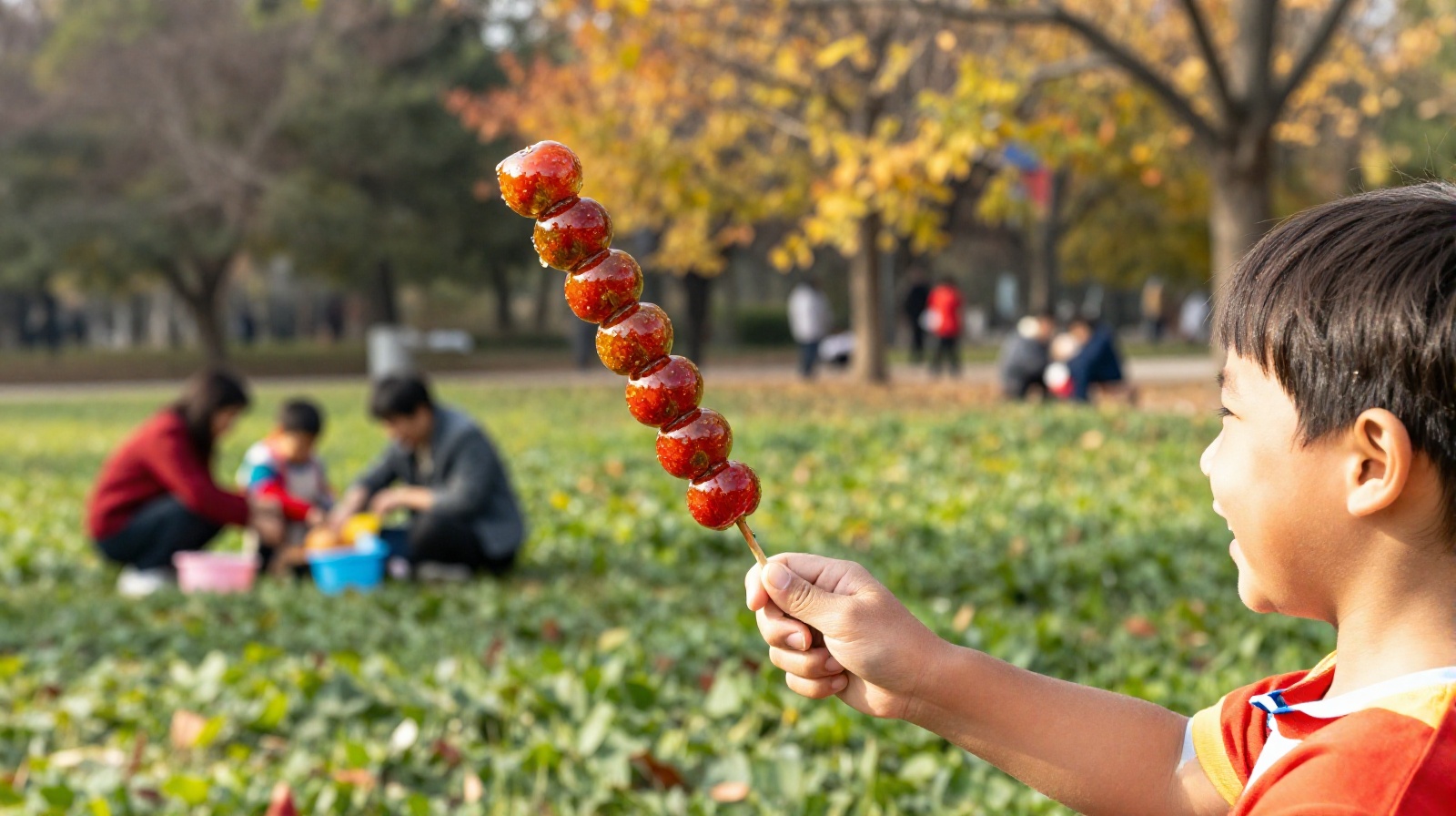 Grandmother giving tanghulu candy to a child in a Xi'an park