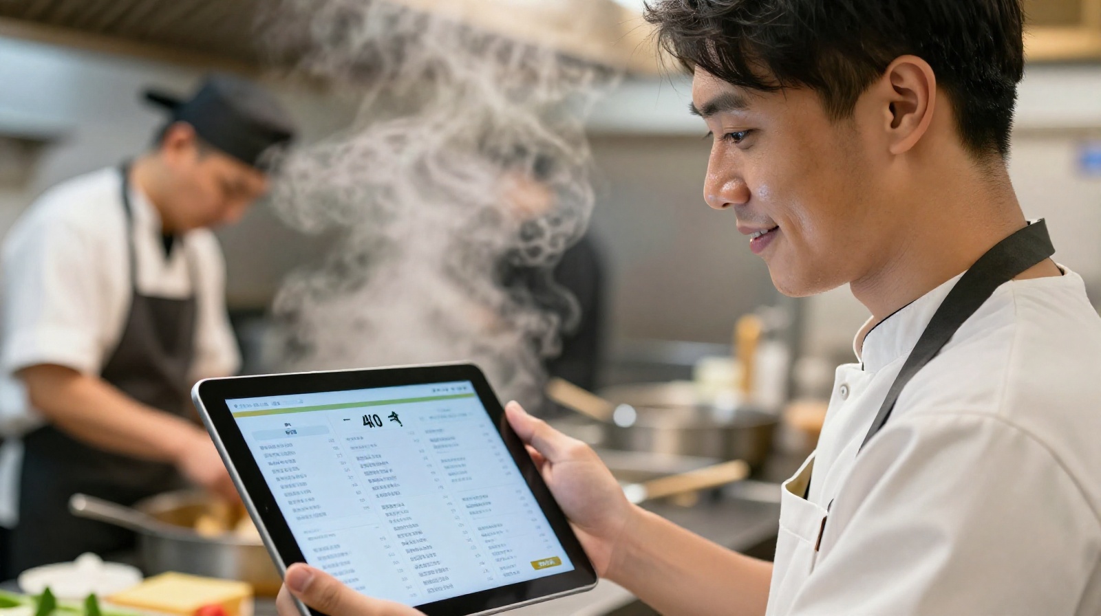A young male restaurant owner in China standing behind a counter, holding a tablet computer displaying a menu interface while a chef pulls noodles in the background.