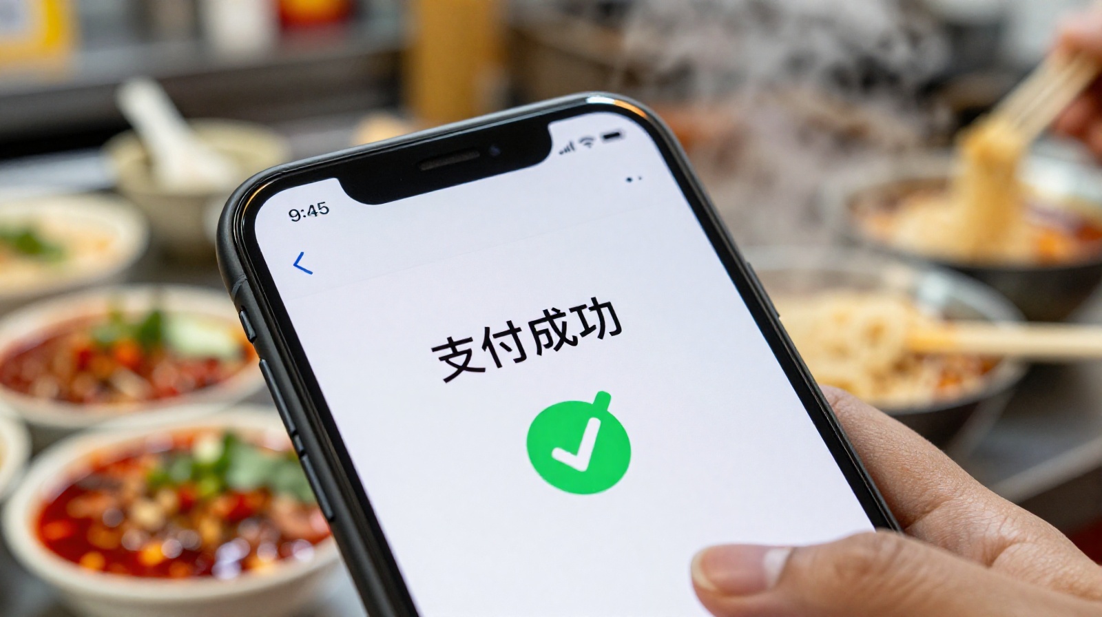 Close-up shot of a smartphone screen showing a mobile payment app interface in China with a blurred background of a busy noodle shop counter.