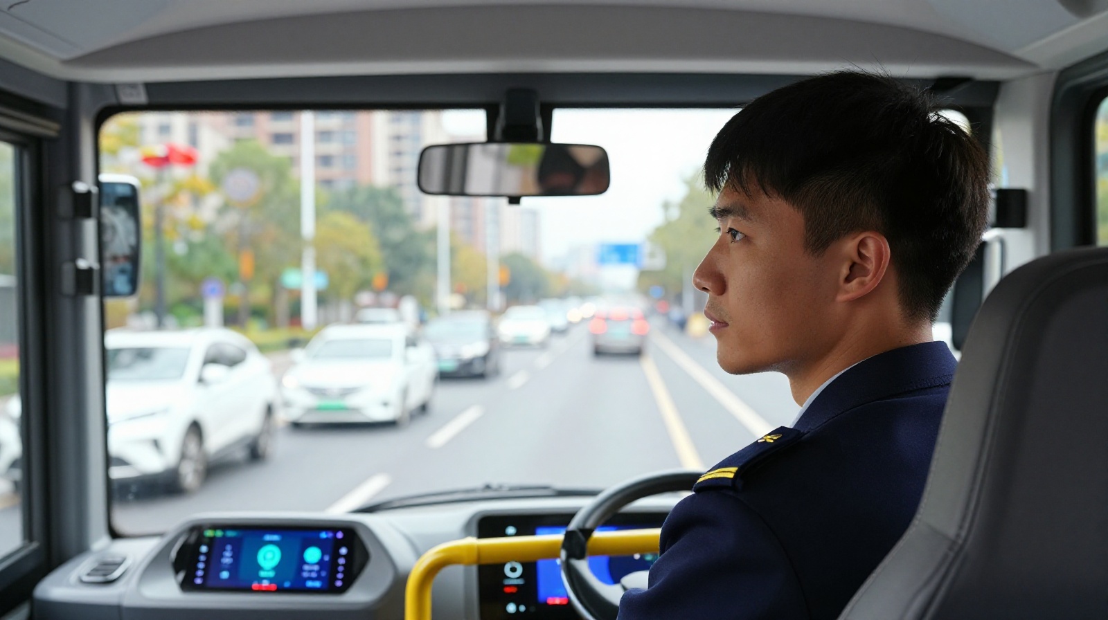 Young Chinese electric bus driver checking mirrors in a modern vehicle cabin during morning commute