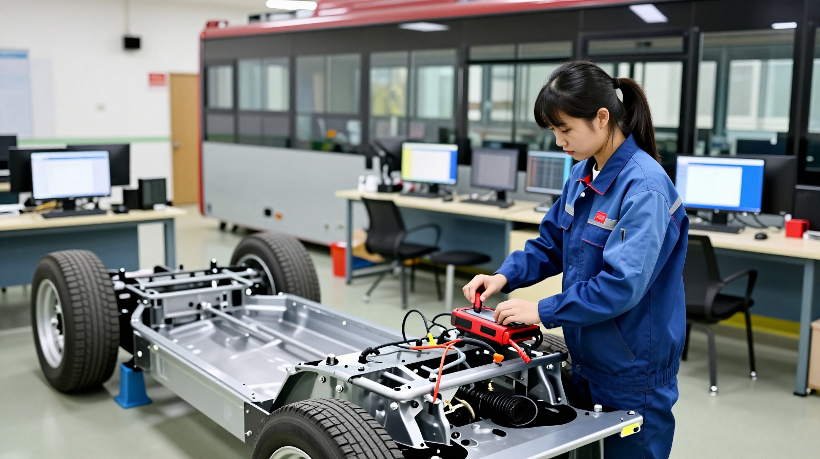 Young Chinese woman learning EV battery repair at a modern technical training center