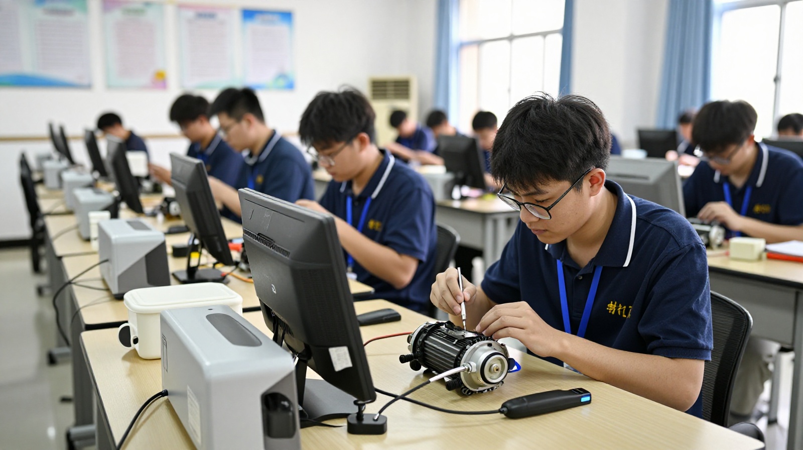 Students in a Chinese vocational school learning electric vehicle repair skills
