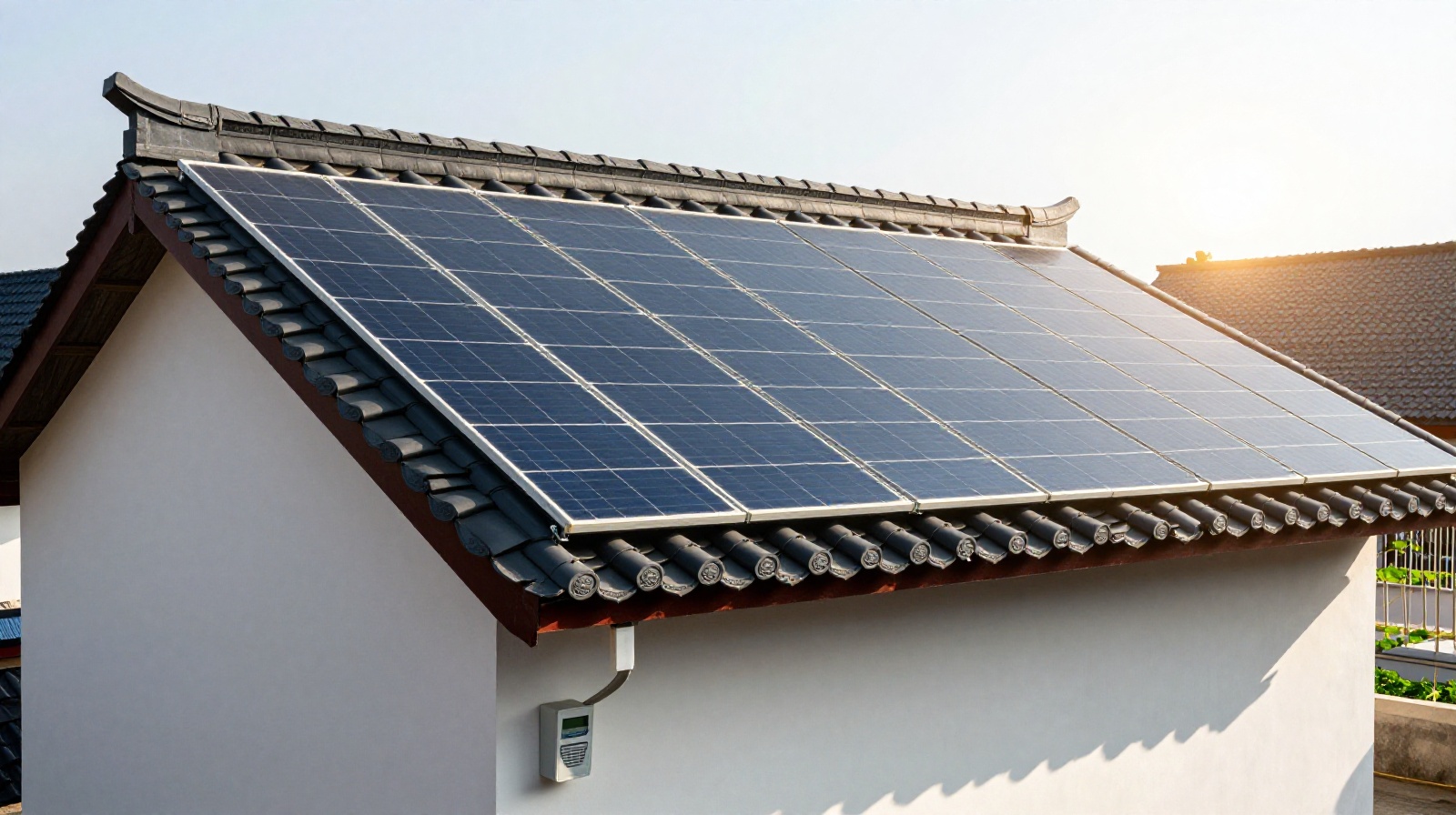 Rural Chinese family home featuring integrated photovoltaic solar tiles and a digital energy meter