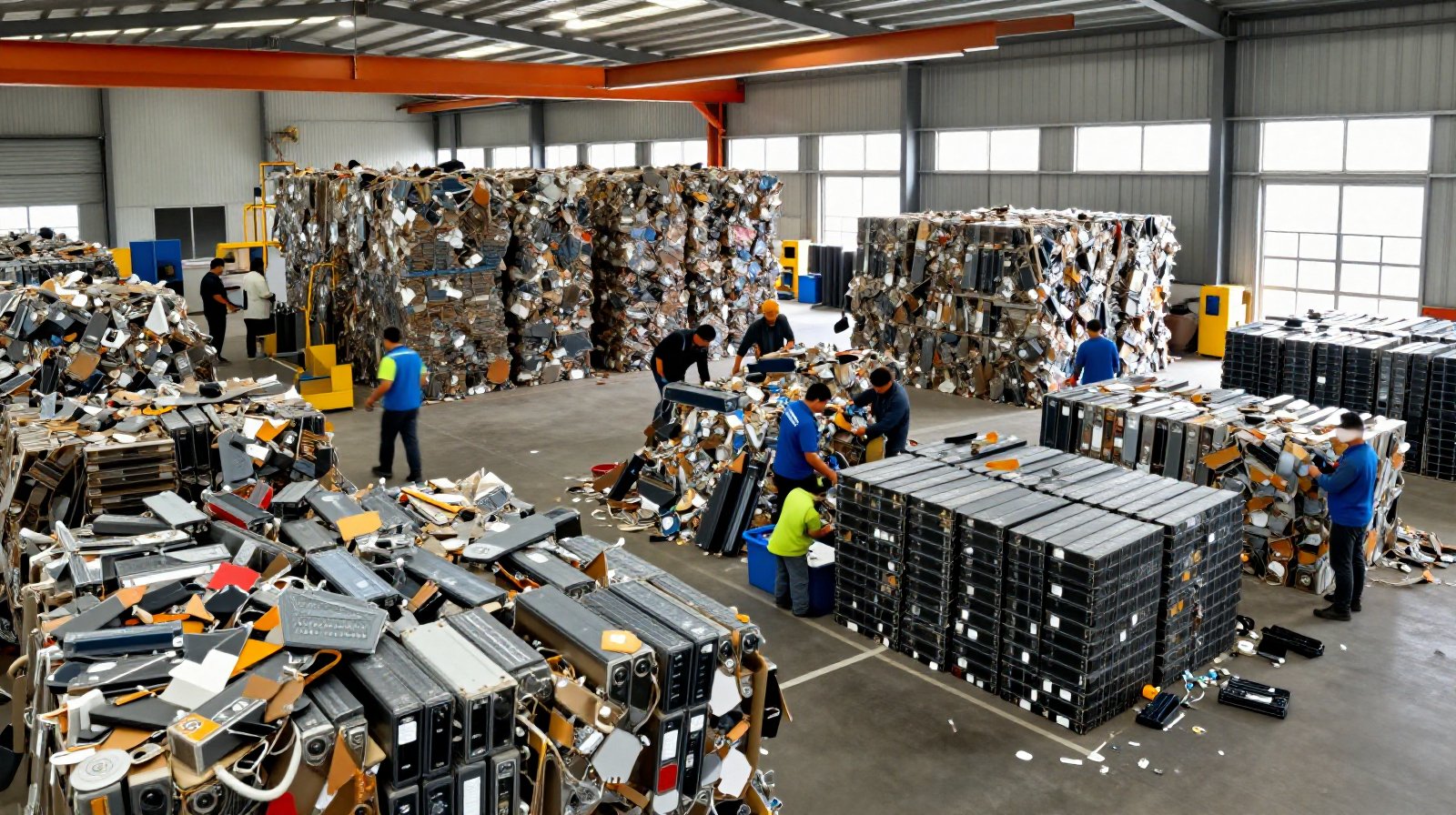 Workers processing and sorting used electric vehicle batteries in a Chinese recycling plant