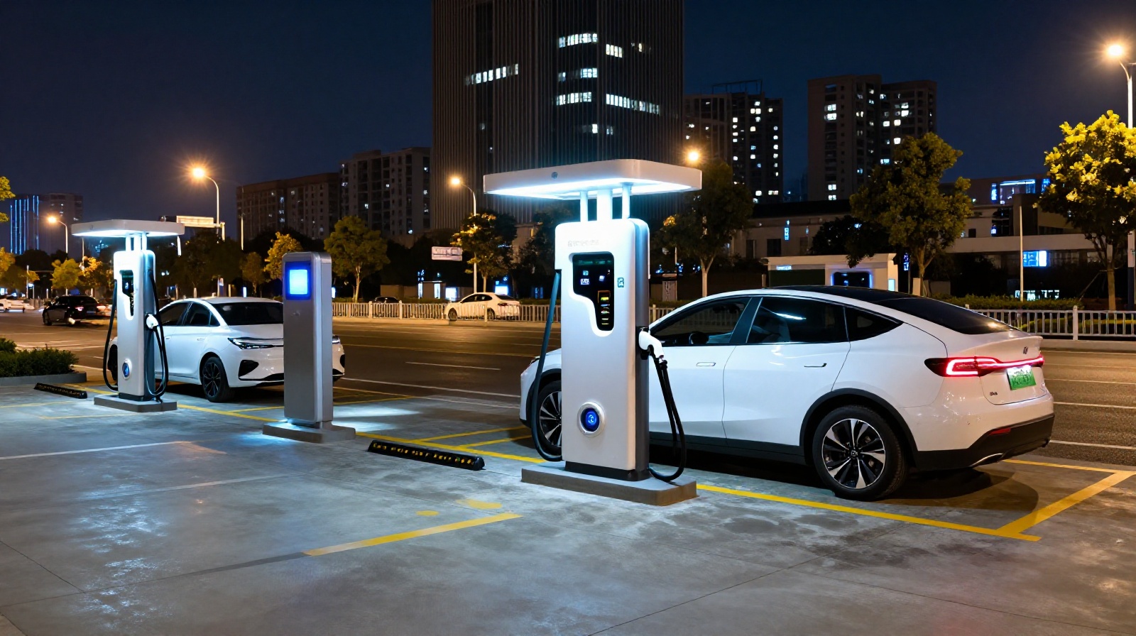 Electric vehicles charging at a modern public station in an urban area of China