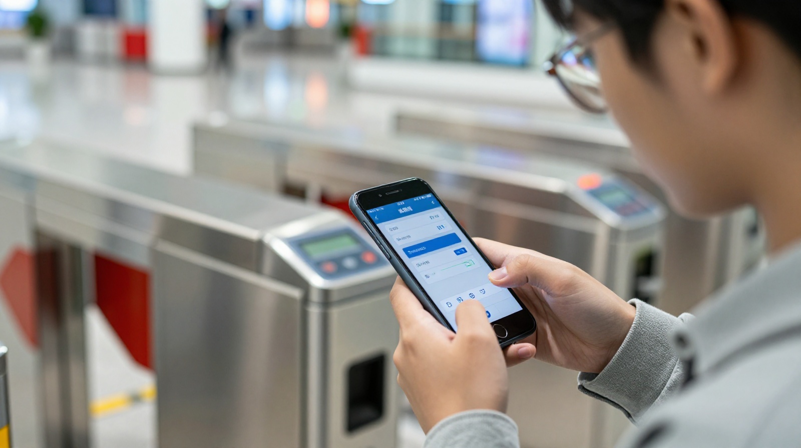 Young professional using mobile phone for seamless ticket entry at a high-speed rail station in China