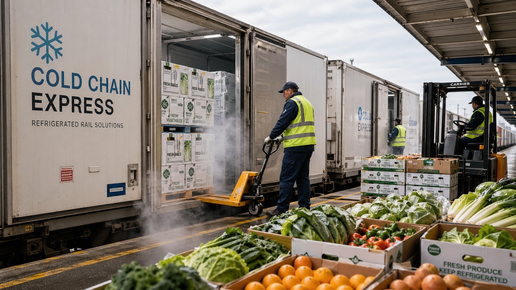Fresh strawberries being loaded into cold-storage containers on a Chinese high-speed freight train