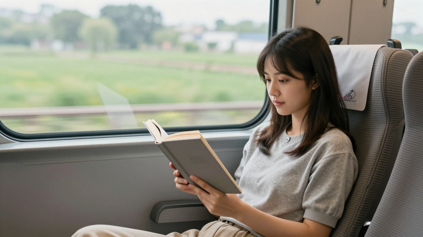 Young professional reading on a high-speed train during a weekend trip between cities