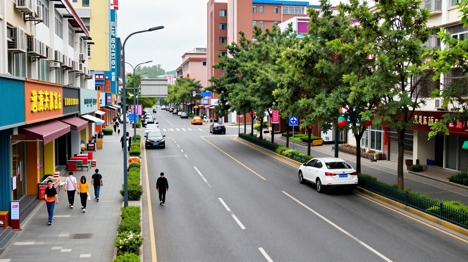 Vibrant street scene in a Chinese tier-2 city showcasing daily life and local commerce