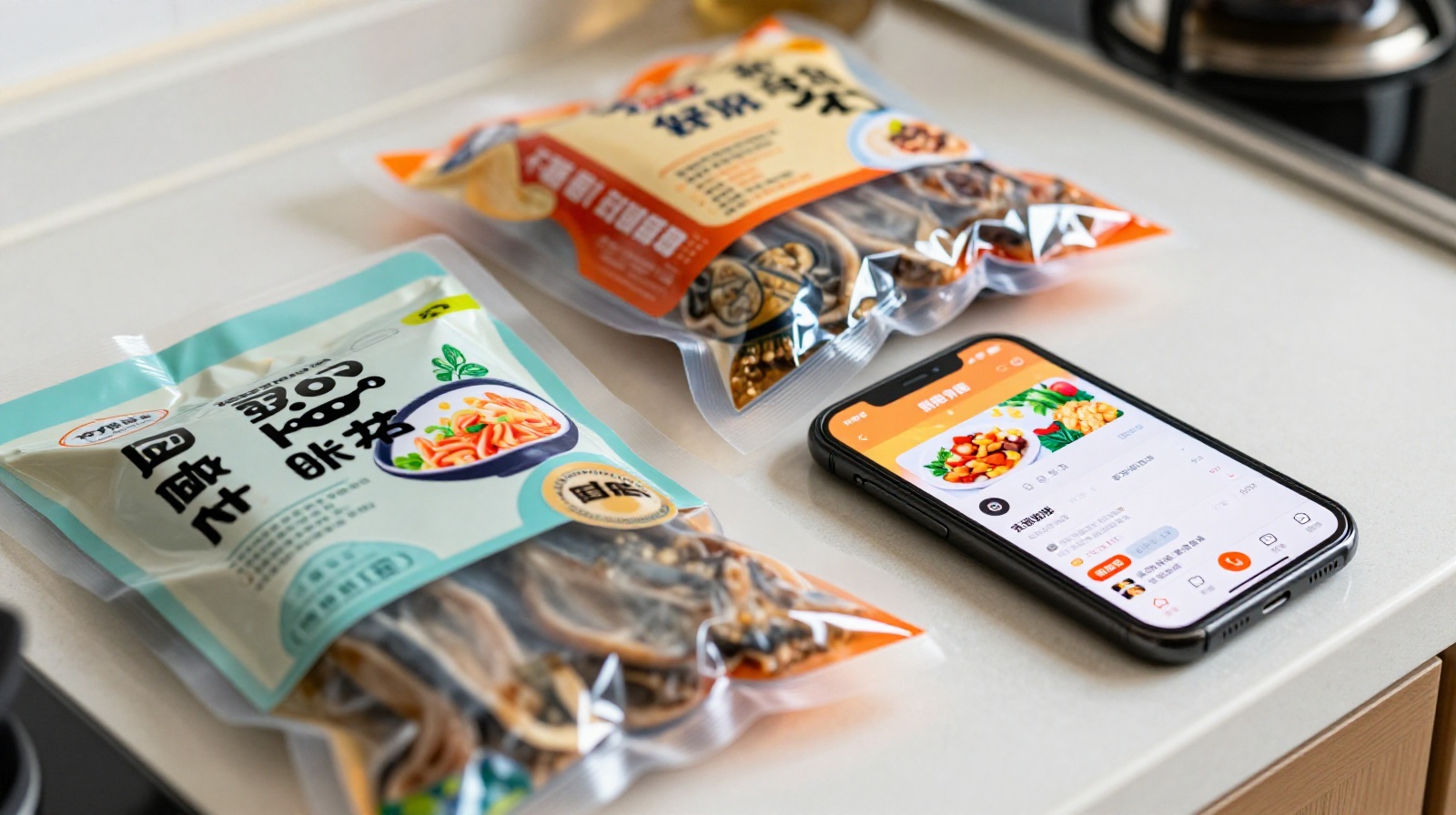 Close-up view of pre-made meals in vacuum packaging on a kitchen counter next to a smartphone showing a food delivery app, illustrating the rise of Yuzhicai in China.