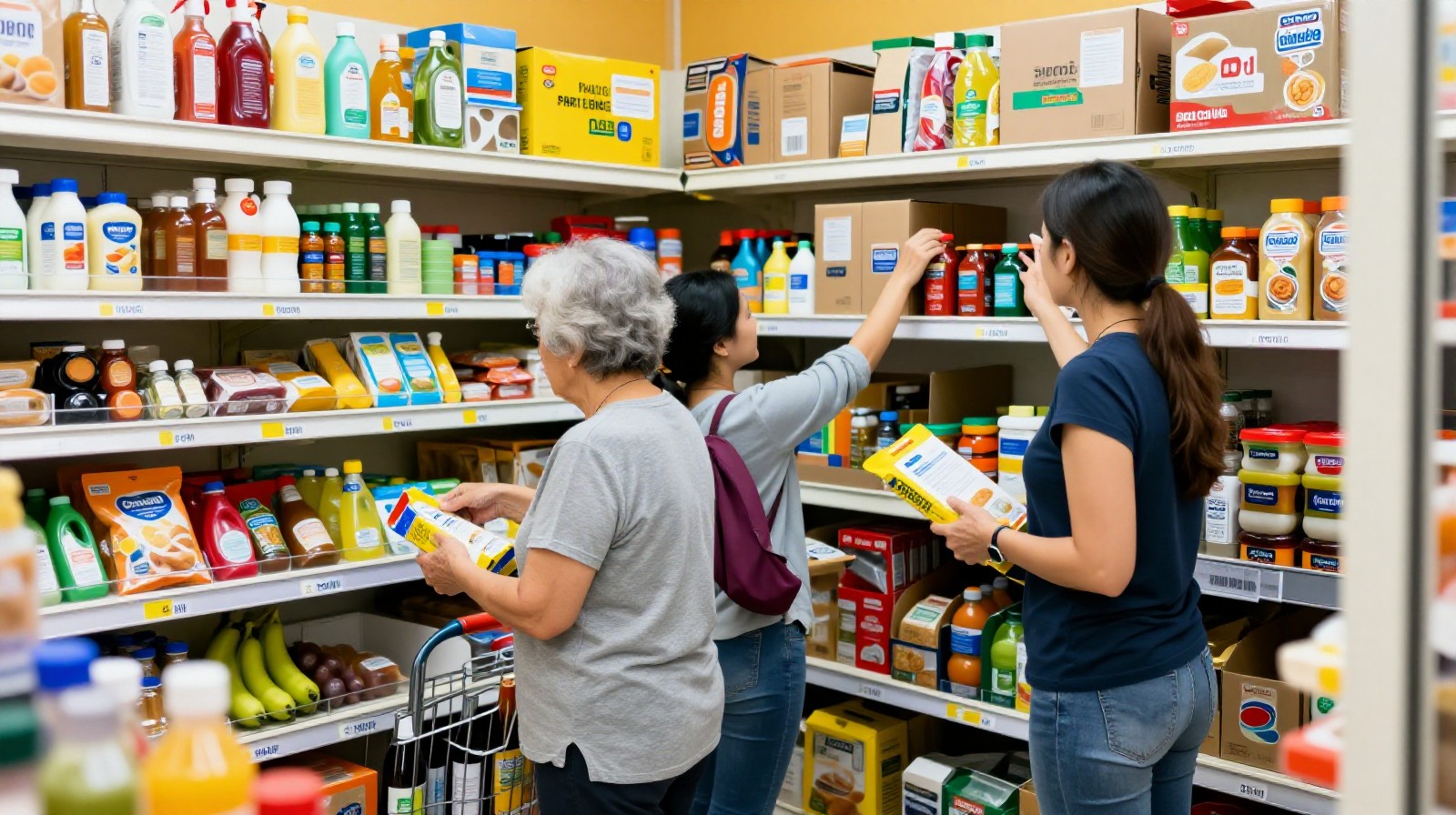 Residents collecting grocery orders at a community group buying pickup point in a Chinese neighborhood, highlighting the local distribution model.