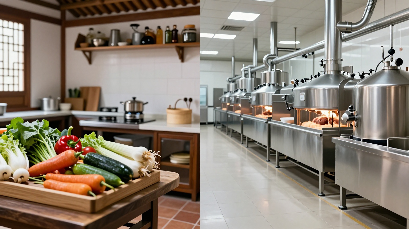 Visual comparison between a traditional home kitchen with fresh ingredients and a modern industrial food production line, symbolizing the shift in Chinese food culture.