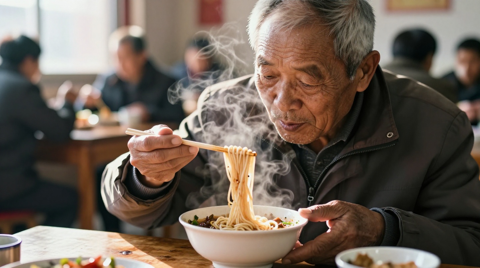 Close-up of an elderly man eating noodles at a bustling community canteen table, morning light streaming through the window, steam rising from the bowl, candid atmosphere.