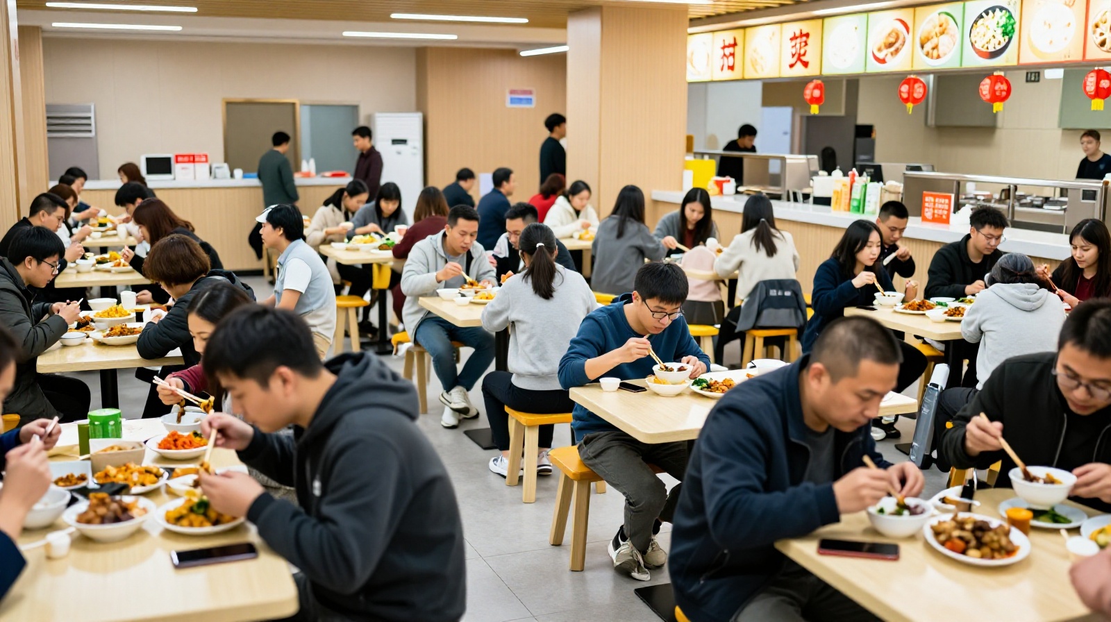Interior of a modern Chinese community canteen with long communal tables, diverse group of people eating, vibrant but warm atmosphere, showing affordable meal setup.