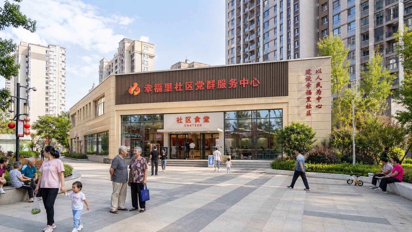 View of a community center exterior in a modern Chinese neighborhood, showing the canteen entrance integrated with a small public plaza, showing the building's role as a neighborhood anchor.