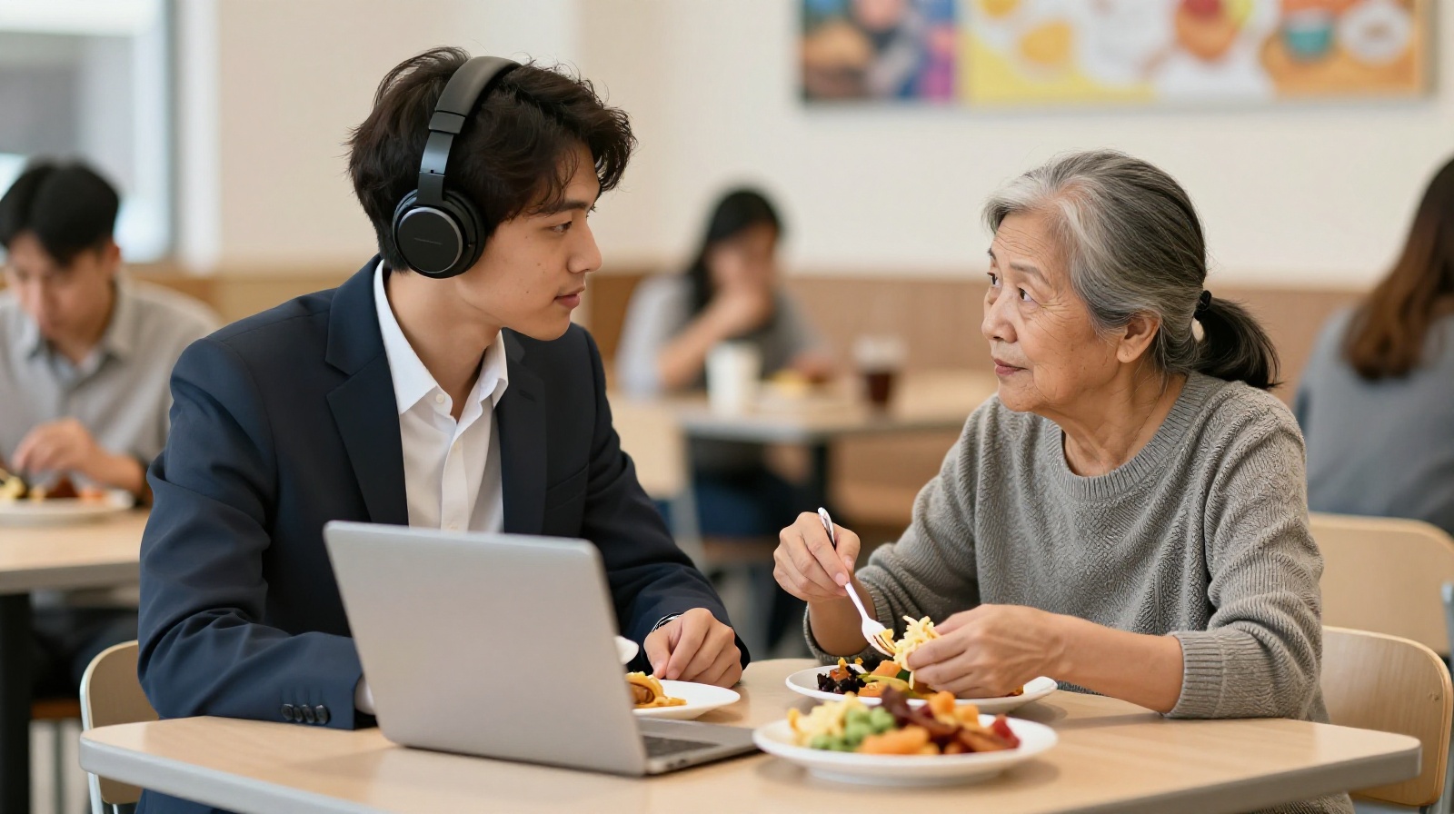 Two people sitting next to each other at a canteen table, one young professional wearing headphones and one elderly woman sharing food, showing intergenerational connection in a community dining setting.