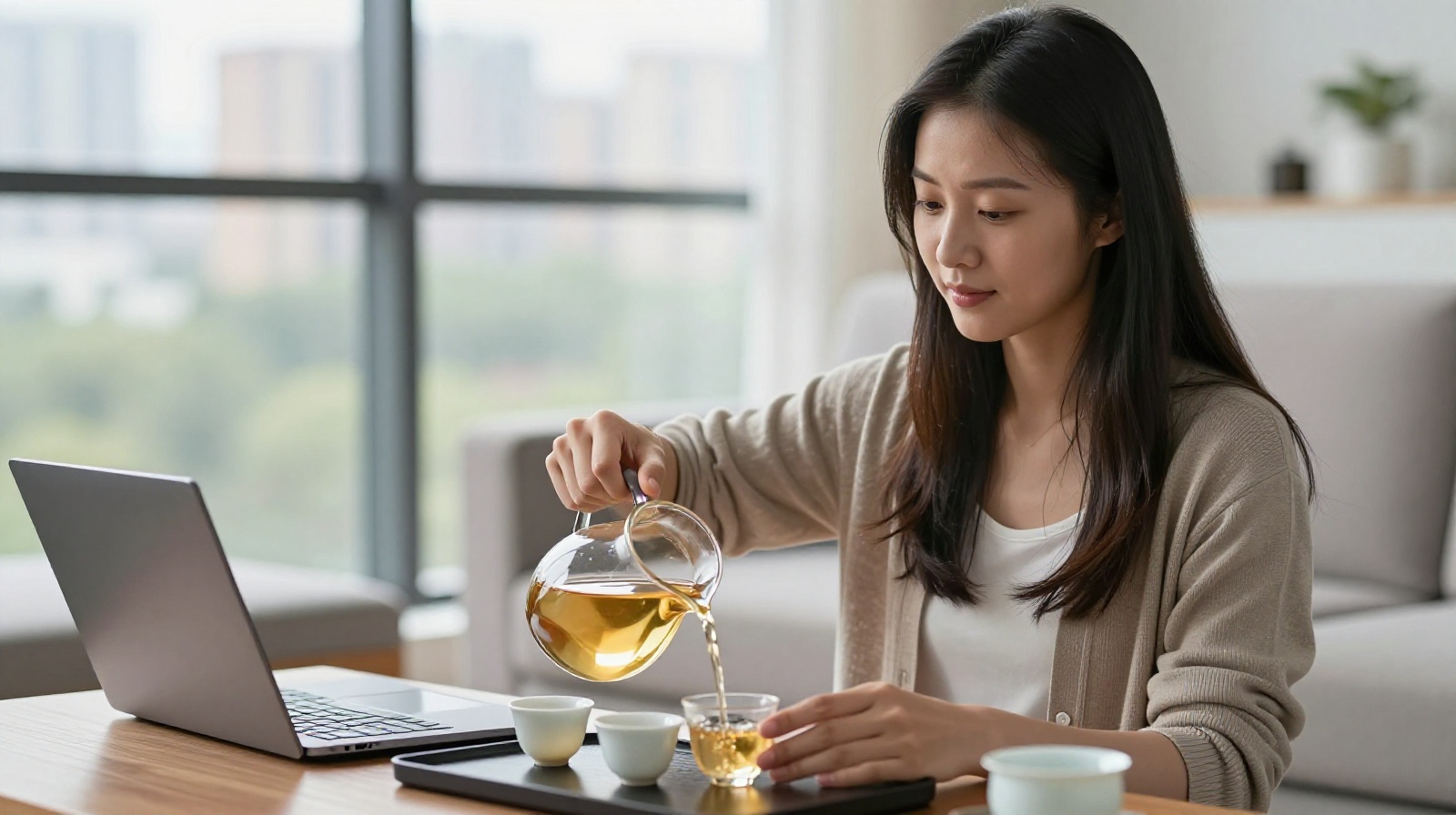 A young professional woman enjoying a mindful tea moment at home in Beijing, pouring tea from a glass pitcher.