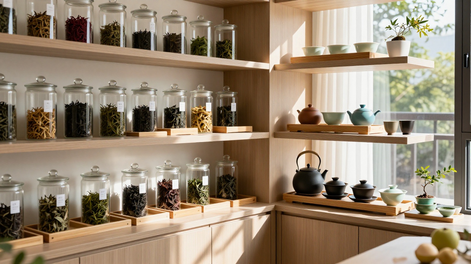 A curated home tea corner in a Beijing apartment featuring shelves of loose-leaf tea and artisanal teaware.