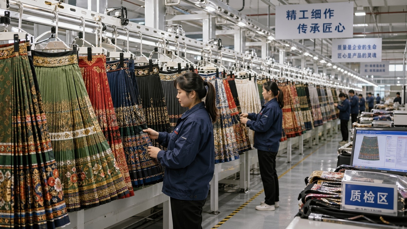 Workers in a modern Chinese factory producing traditional Mamianqun skirts for mass market
