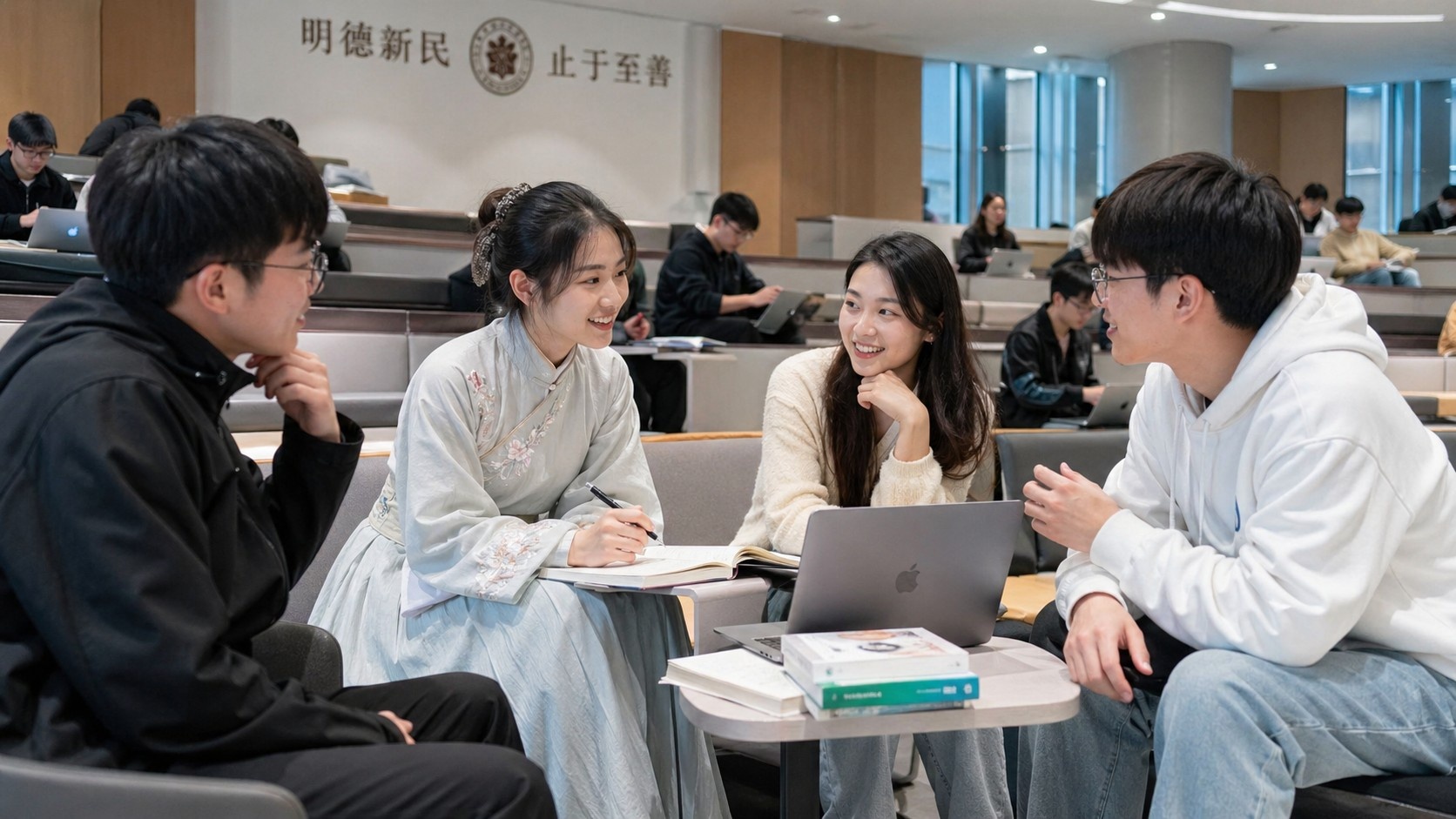 Chinese students mixing traditional Hanfu with modern casual wear in a university setting
