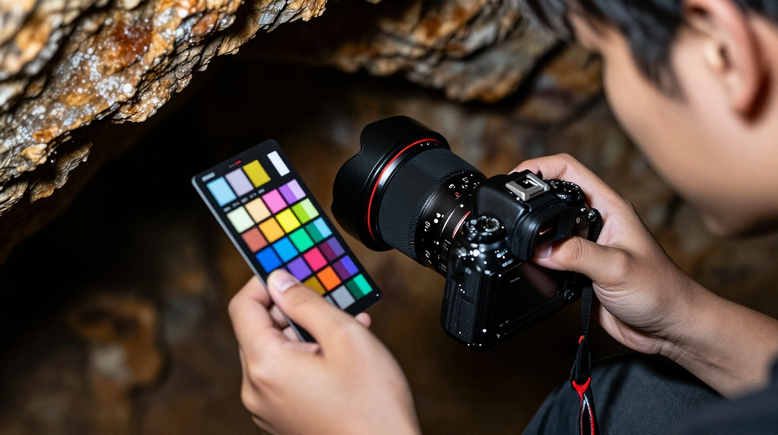 A volunteer calibrating colors for Digital Dunhuang mural photography inside a Mogao Cave