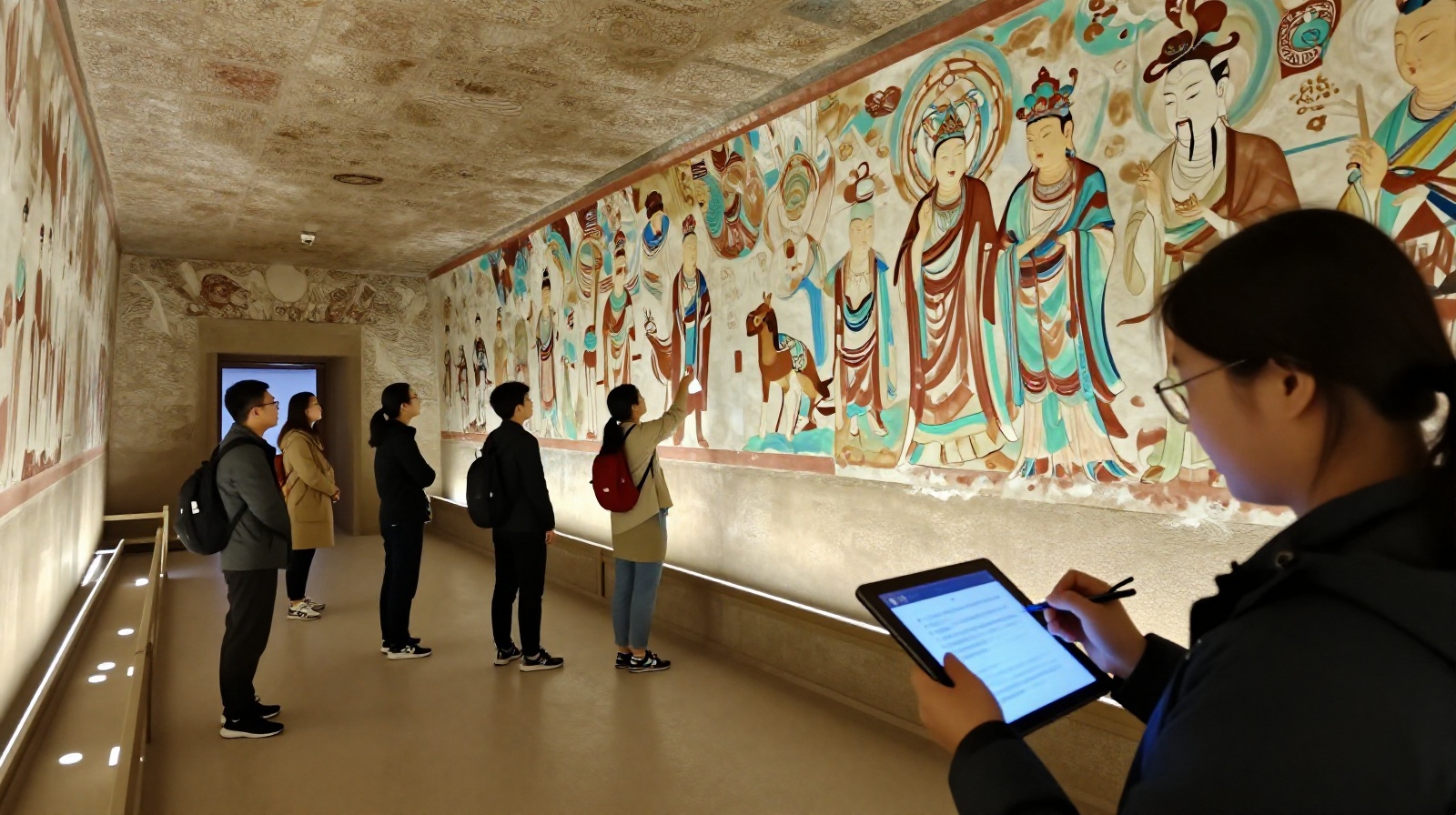 Tourists viewing murals while volunteers document them for Digital Dunhuang