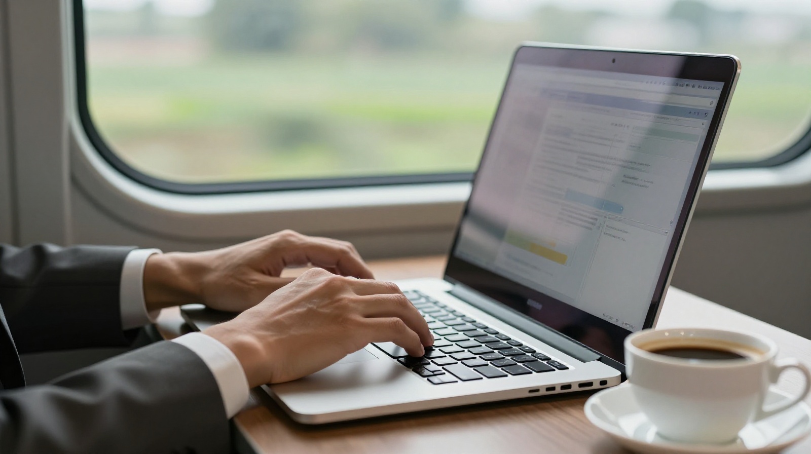 Business traveler working on a laptop inside a moving Chinese high-speed train, with blurred countryside visible through the window