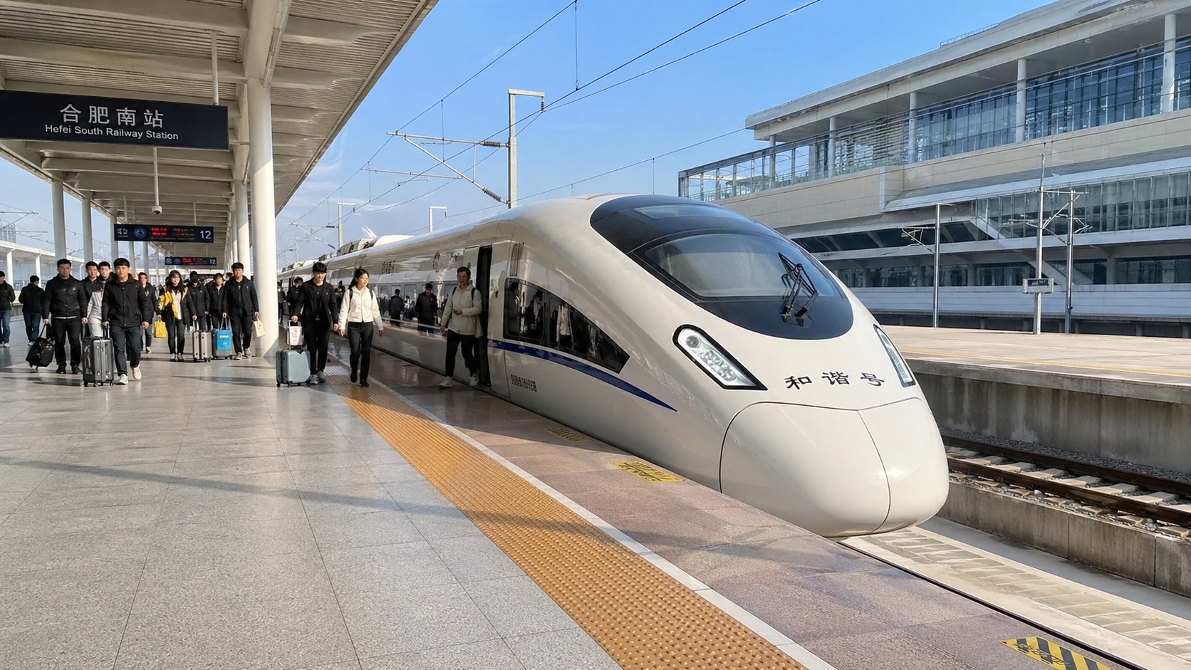 Modern Chinese high-speed train arriving at a busy but orderly urban railway station