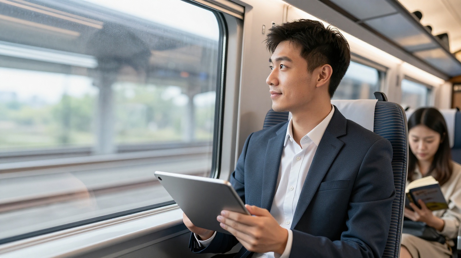 Professional reflecting during a high-speed rail commute, embodying the new work-life balance in China