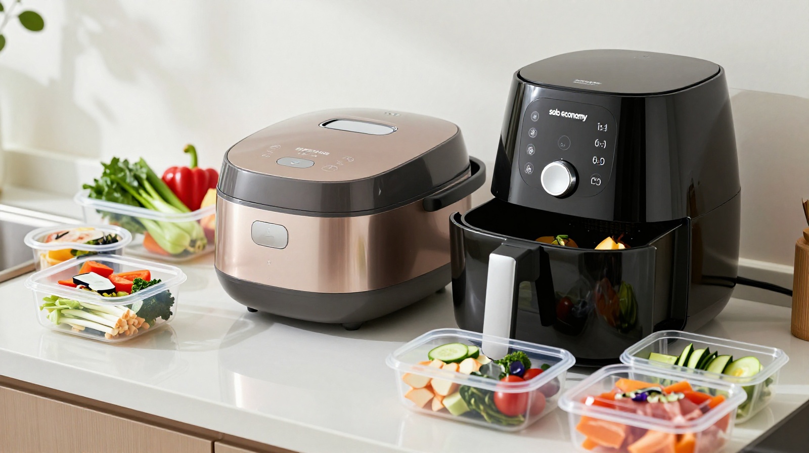 Close-up of mini appliances and pre-cut ingredients for solo dining in China