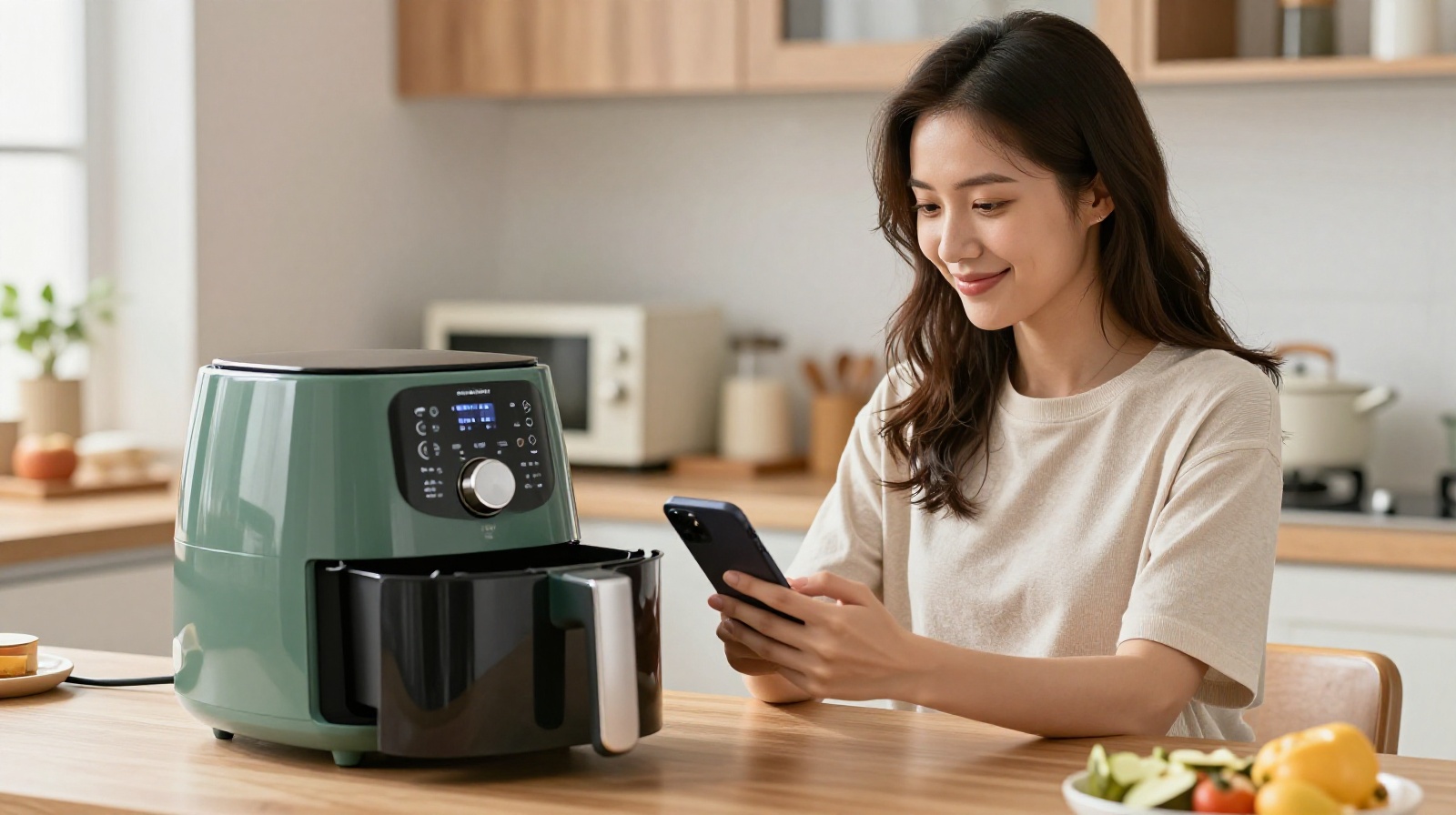 Young Chinese woman cooking with a mini appliance in her apartment