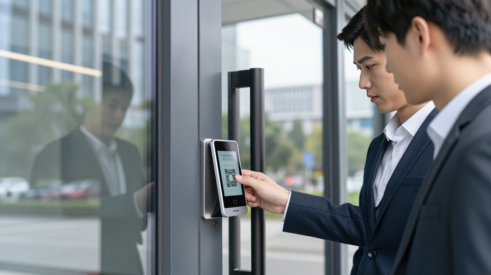 A young worker using a smartphone to scan a QR code for access control at a modern shared office entrance in China, symbolizing digital integration.