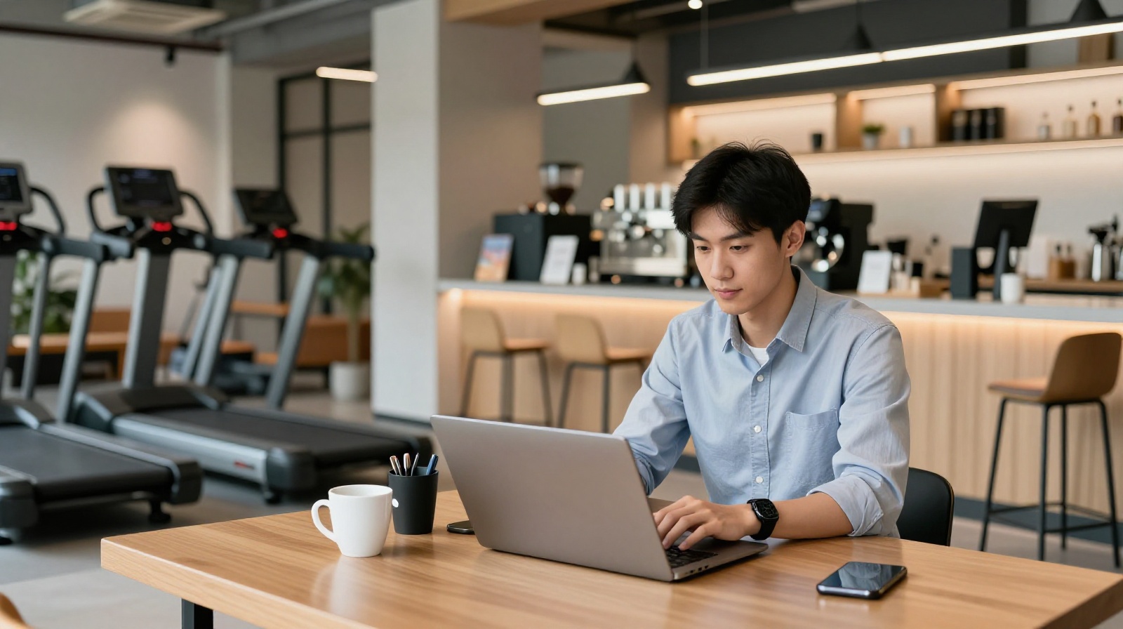 Young professionals using lifestyle amenities such as a gym and cafe within a Chinese co-working space, highlighting the integration of work and life.